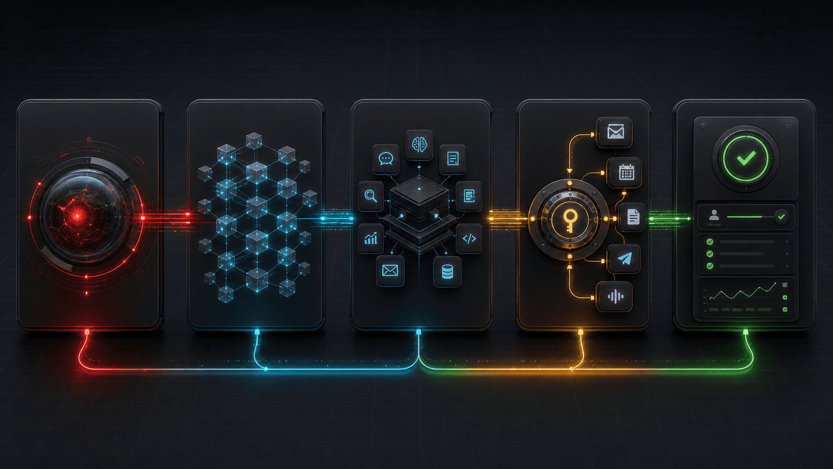 Infographic of the flow between identity, memory, skills, connectors and approvals